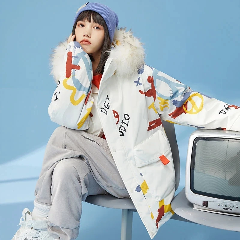 INS Lover Coat Jacke Big Fur Collar White Down Jacket Women 2021 Winter Jackets For Couple Loose Thick Warm Hooded Jacket Female