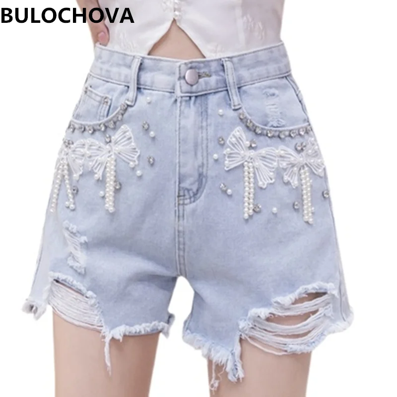 

Шорты BULOCHOVA женские джинсовые с вышивкой бисером, модные короткие штаны с кисточками и высокой талией для студентов, с дырками и широкими штанинами, XXL, на лето