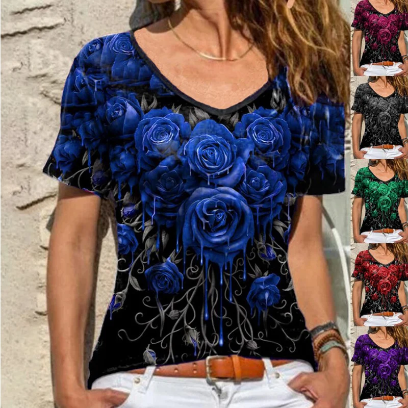 

Fashion Summer Short Sleeve Round Neck Tee Casual Rose Print T-shirt Women's Vintage Pullover Top Loose Plus Size Ladies Blouse