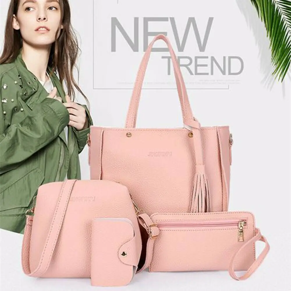 

4pcs matching women's fashion shoulder bag PU leather solid color handbag casual multi-function purse