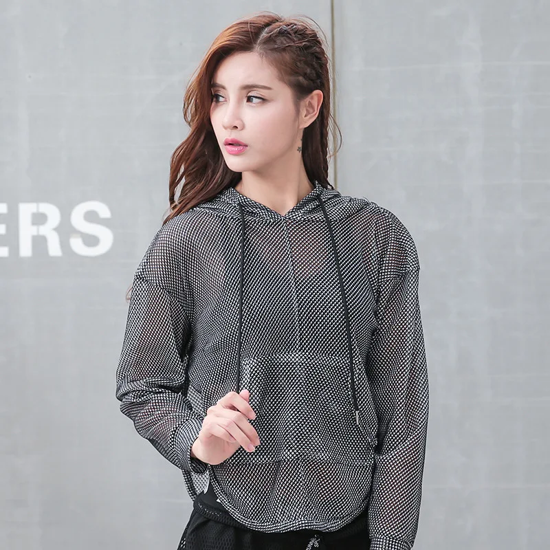 Женская спортивная футболка Спортивная Сетчатая с капюшоном и длинным рукавом