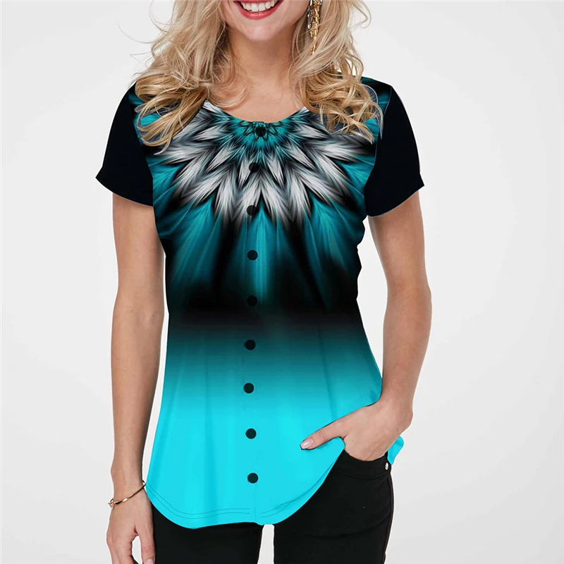 

Women Casual Short T Shirts 2021 Plus Size S-2XL Gradient Color Print Summer T Shirt O-Neck Button Tees Top Loose Shirts Femme