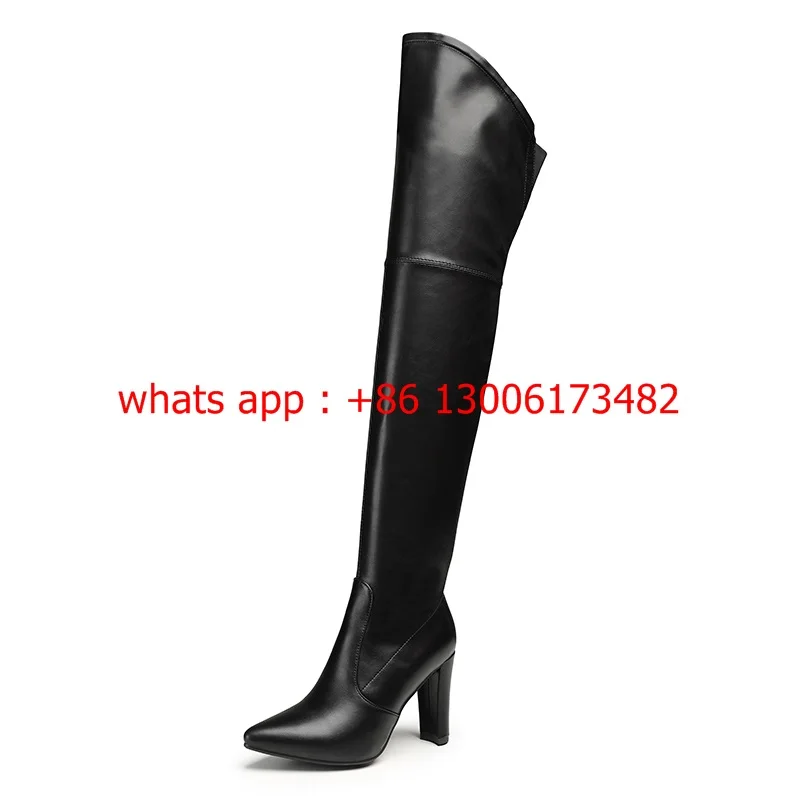 

real video New woman pointed toe chunky heel over the knee boots thick heel over knee knight boots women large size