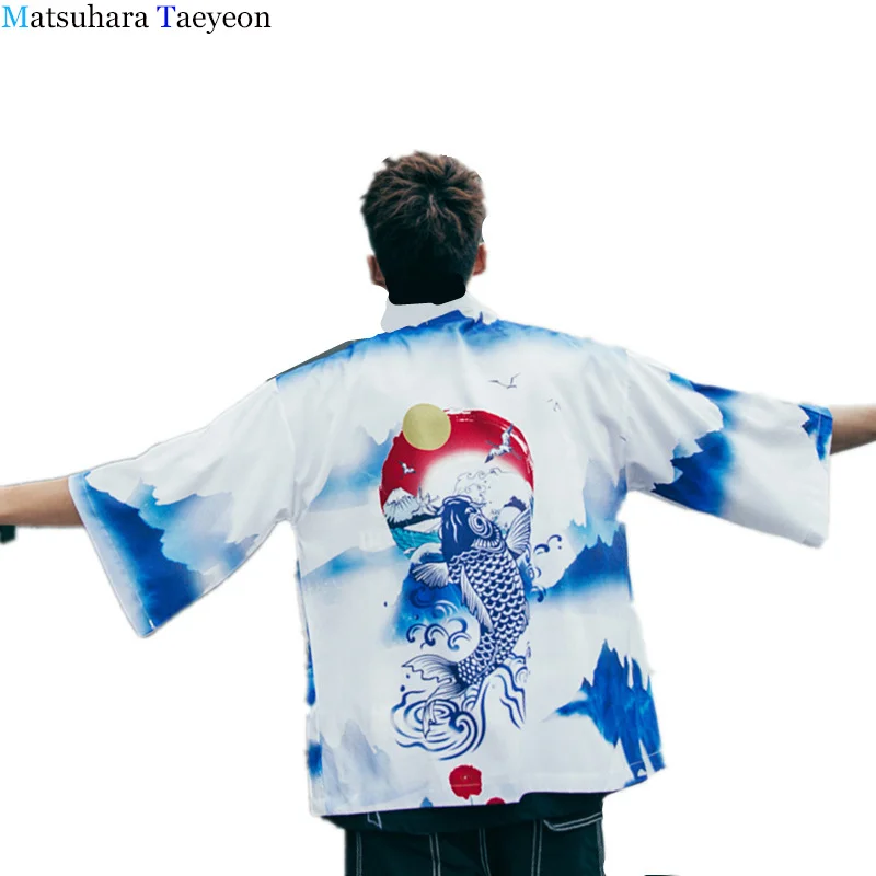 Кимоно в японском стиле Харадзюку пиджак Кои и с рыбками Мужская тонкая летняя