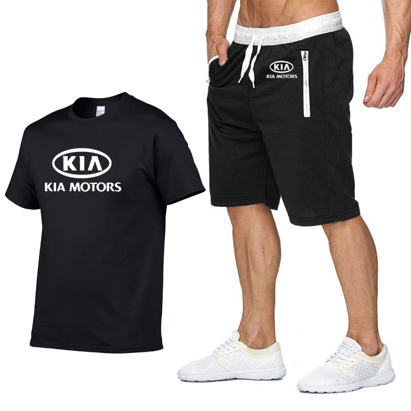 

2020 Summer Men's short sleeve T-Shirt for KIA Car Logo Printed High Quality Cotton Fashion casual Men's T-Shirt Pants Suit 2Pcs