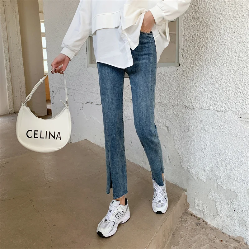 

Женские джинсы daiфиолетовый, новинка 2021, облегающие синие укороченные брюки с высокой талией, потертые прямые с разрезом