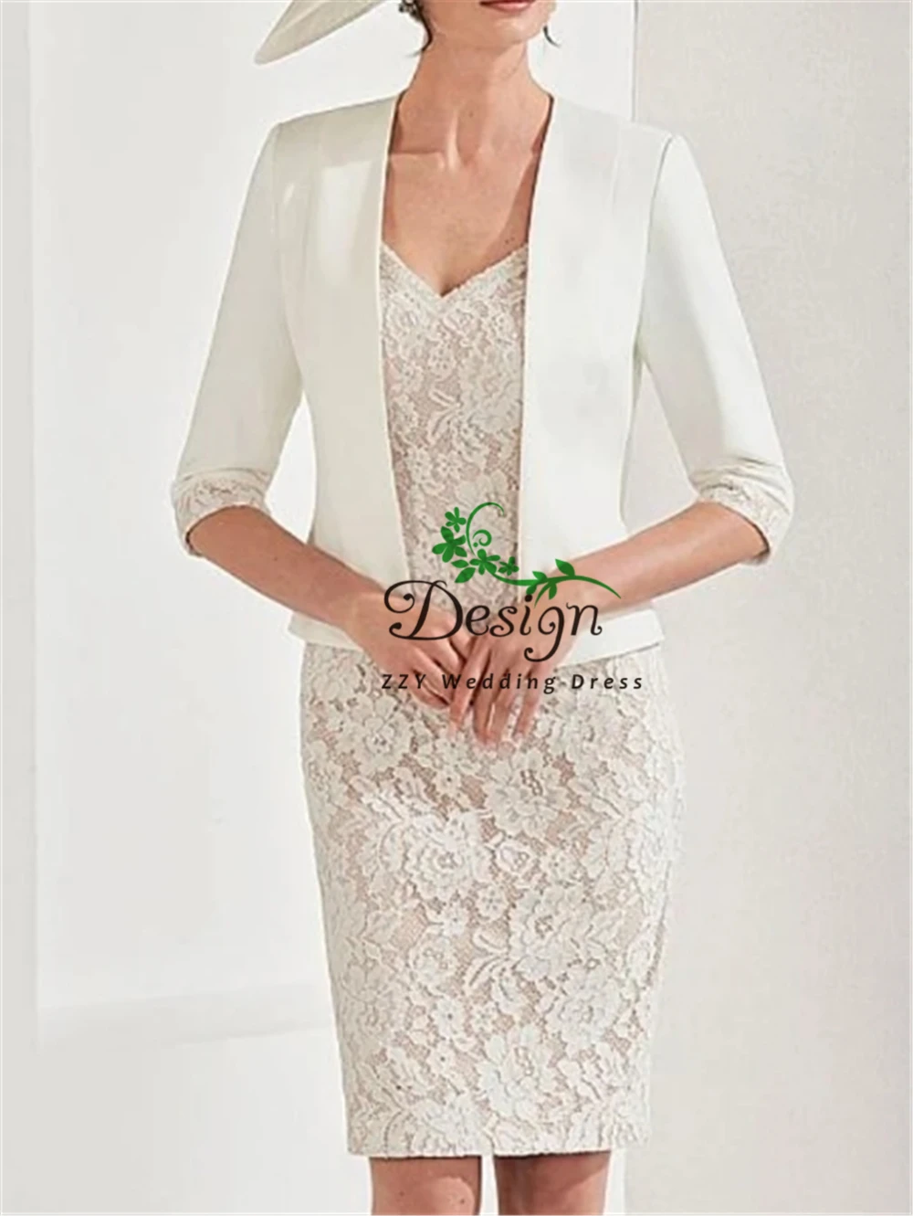 

White Satin And Lace Beading 1/2 Sleeves V-Neck Knee-Length Short Custom-Made Women's Dresses de festa bride dress