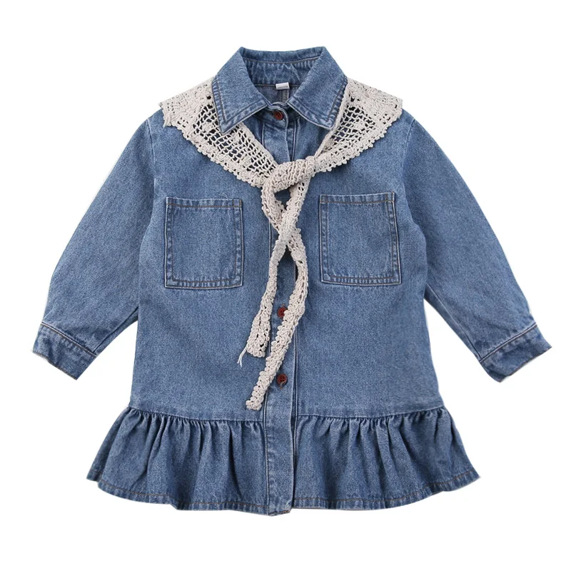 

Casual Long Sleeve Baby Girls Denim Dresses Autumn New Loose Toddler Kids Clothes With Lace Shawls Cute Baby Girls Outfits