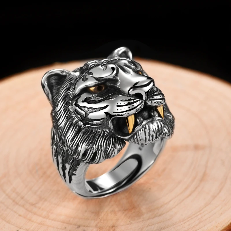 Кольцо мужское из серебра 925 пробы с тигром 9-11 размеров | Украшения и аксессуары