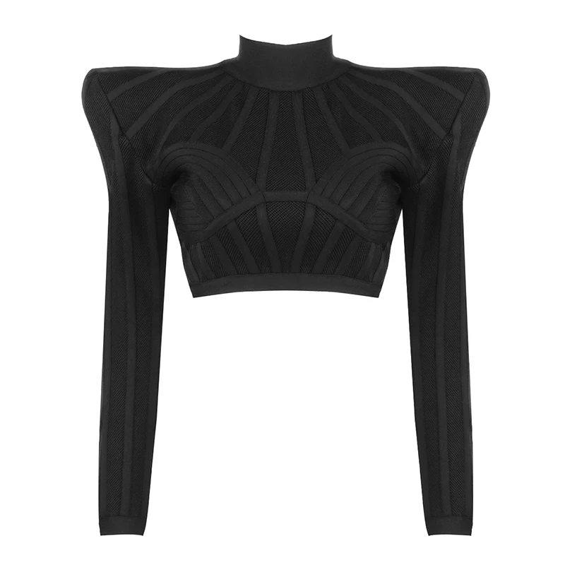 

2021 New Women's Personality Fashion Jacquard Stripe Stitching Design Black Long Sleeve Celebrity Party Club Bandage Crop Top