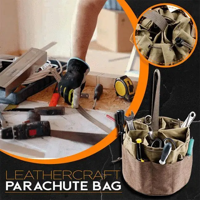 

Leather Craft Parachute Bag Multi-Pocket Gardening Tool Storage Bag Round Oxford Cloth Drawstring Handbag Shovels Screwdrivers O
