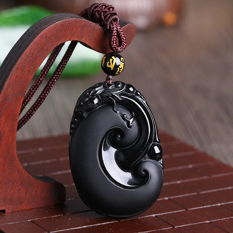 Прямая поставка женское ожерелье с подвеской черный обсидиановый камень резной