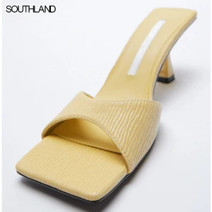SOUTHLAND Summer High heel mules square toe women slides casual thin heel yellow women sandals SOUTHLAND Summer High heel mules square toe women slides casual thin heel yellow women sandals