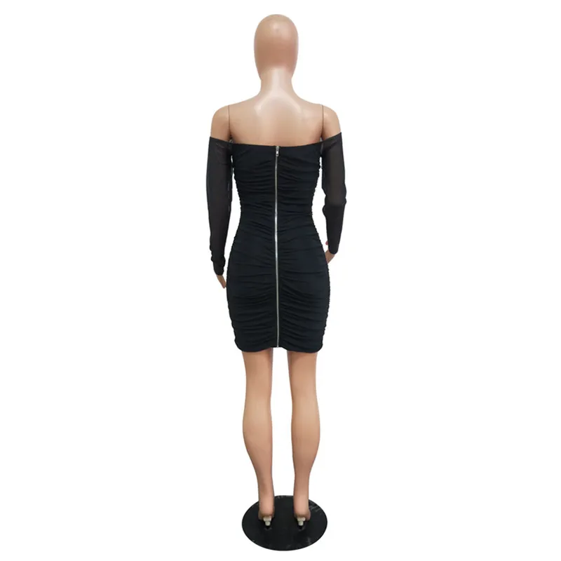 ANJAMANOR Sexy Mesh Nightclub Party Dress Ruched Zipper Up Off The Shoulder Long Sleeve Bodycon Bandage Fall 2019 D36-AD17 | Женская