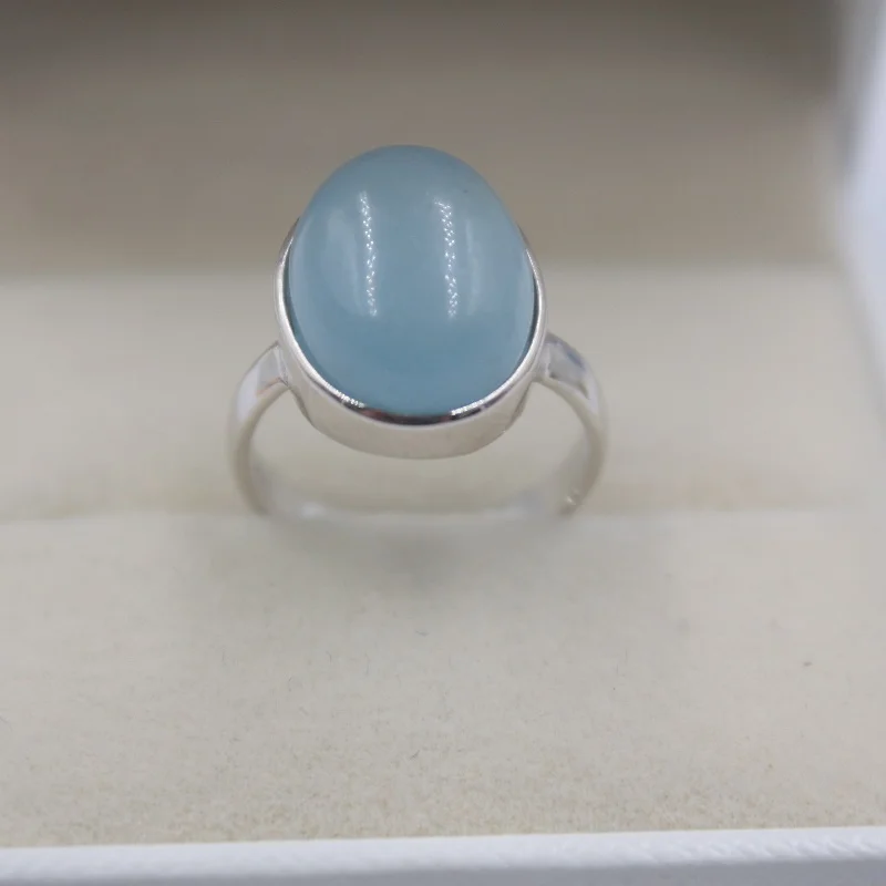 

Genuine S925 Sterling Silver Ring Natural Aquamarine Oval Band Ring 16mmW US6-8 / Women Gift