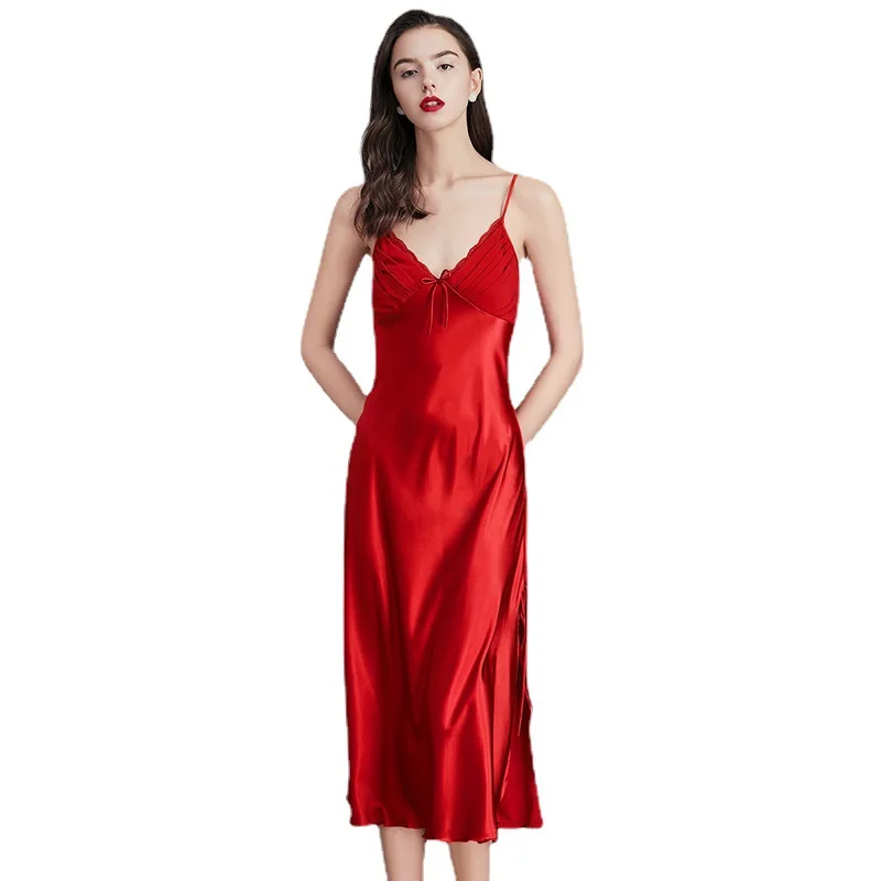 

Spring and Autumn New Fashion Emulation Silk Sleepshirts Ladies Sleeveless Solid Sexy and Soft V-neck Plus Size Sleepwear Women