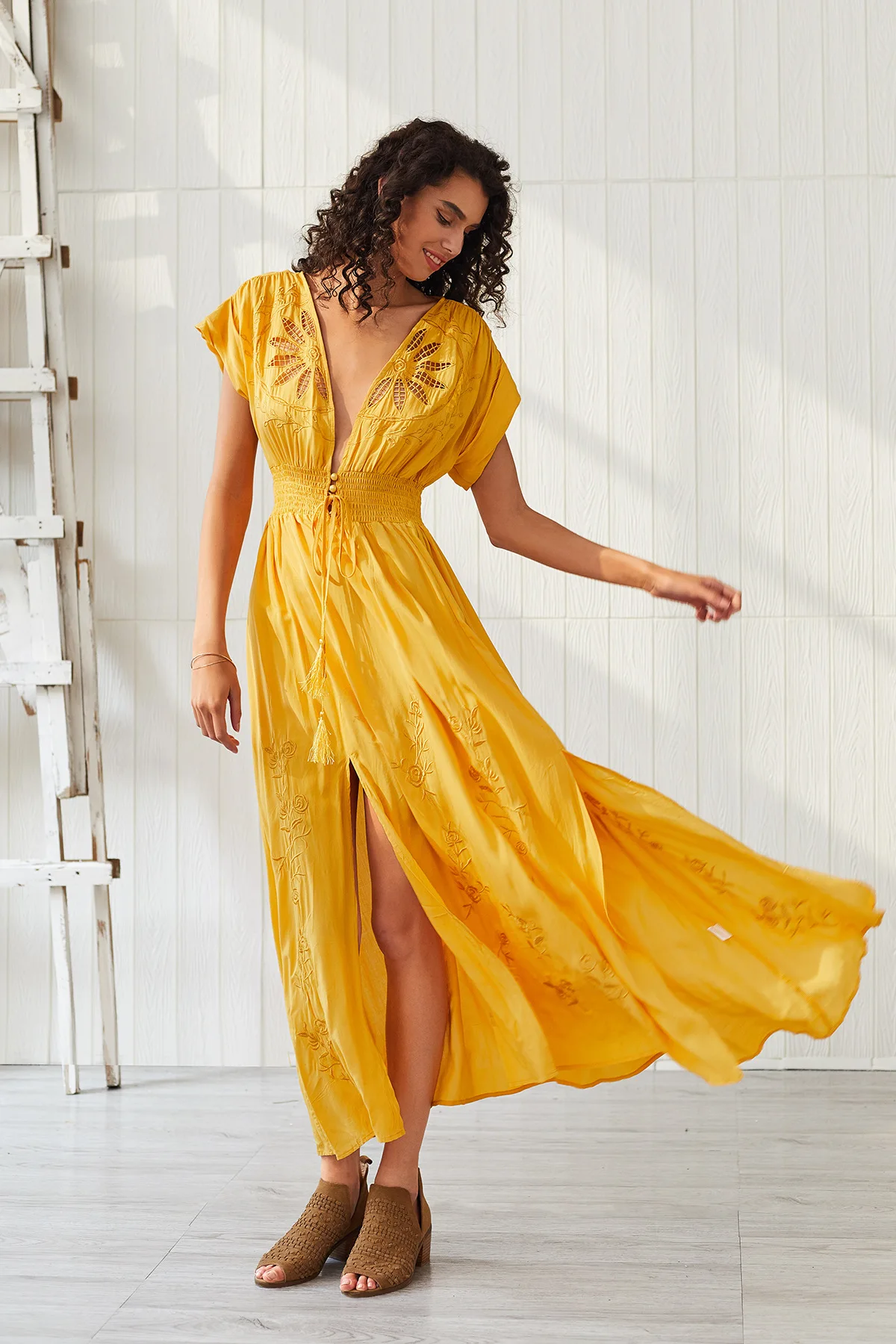 Женское пляжное макси платье с цветочной вышивкой винтажное Свободное длинное