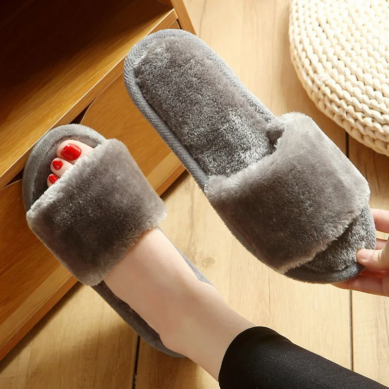 

Winter Women Fur Home Slippers Indoor Plush Fluffy Warm Female Flat Shoes Soft Slippers Comfortable Floor Bedroon Cotton Shoes
