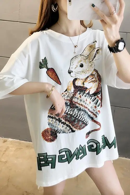 

Houthion Summer Loose All-match O-neck Short Sleeve Women's T-shirt Mid-length Cartoon Print Top New Fashion Casual