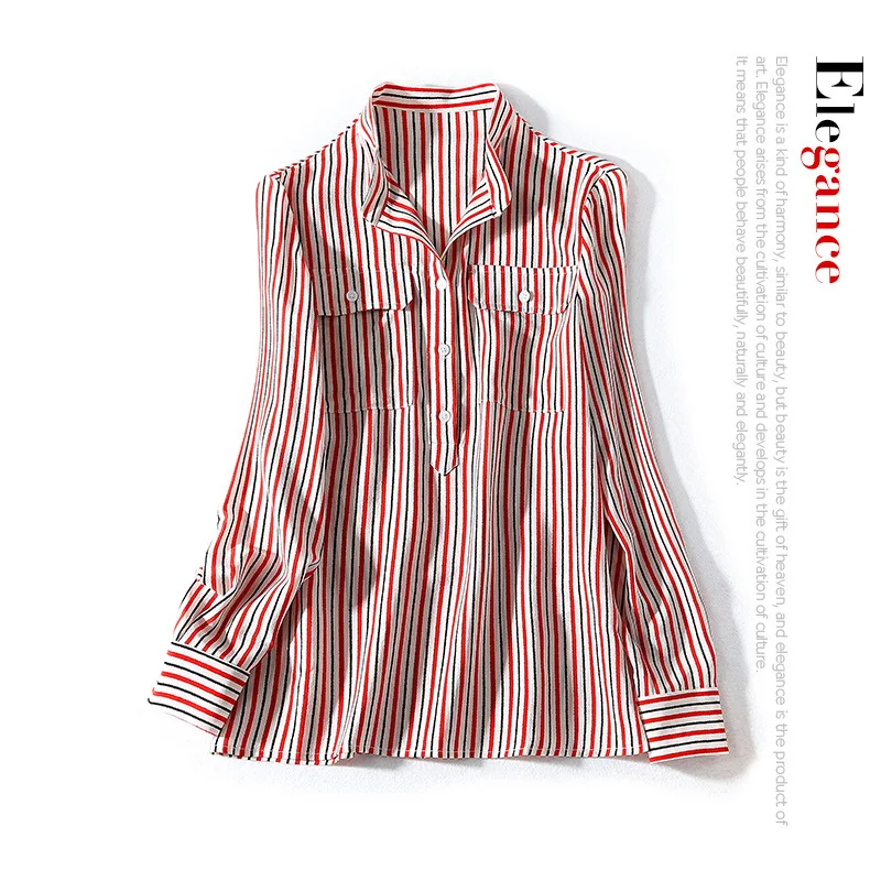 

Женская рубашка в Вертикальную Полоску, рубашка из тяжелого шелка с длинным рукавом и двойными карманами, Топ для женщин на раннюю весну 2021