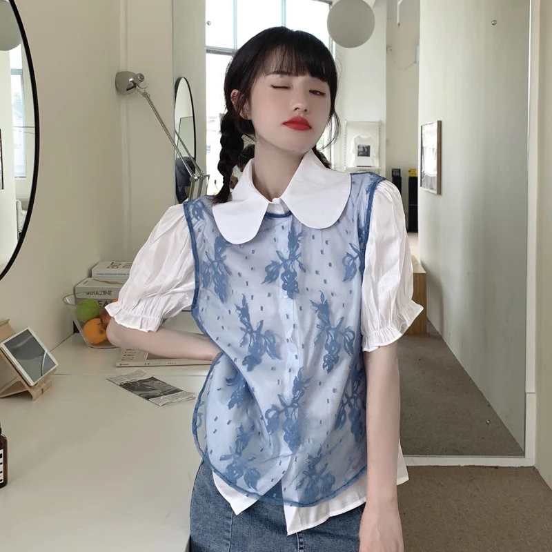 

Shirts Doll Collar Blowing Puff Sleeve White Shirt Female Design Sense Niche Summer New Wild Retro Chic Top