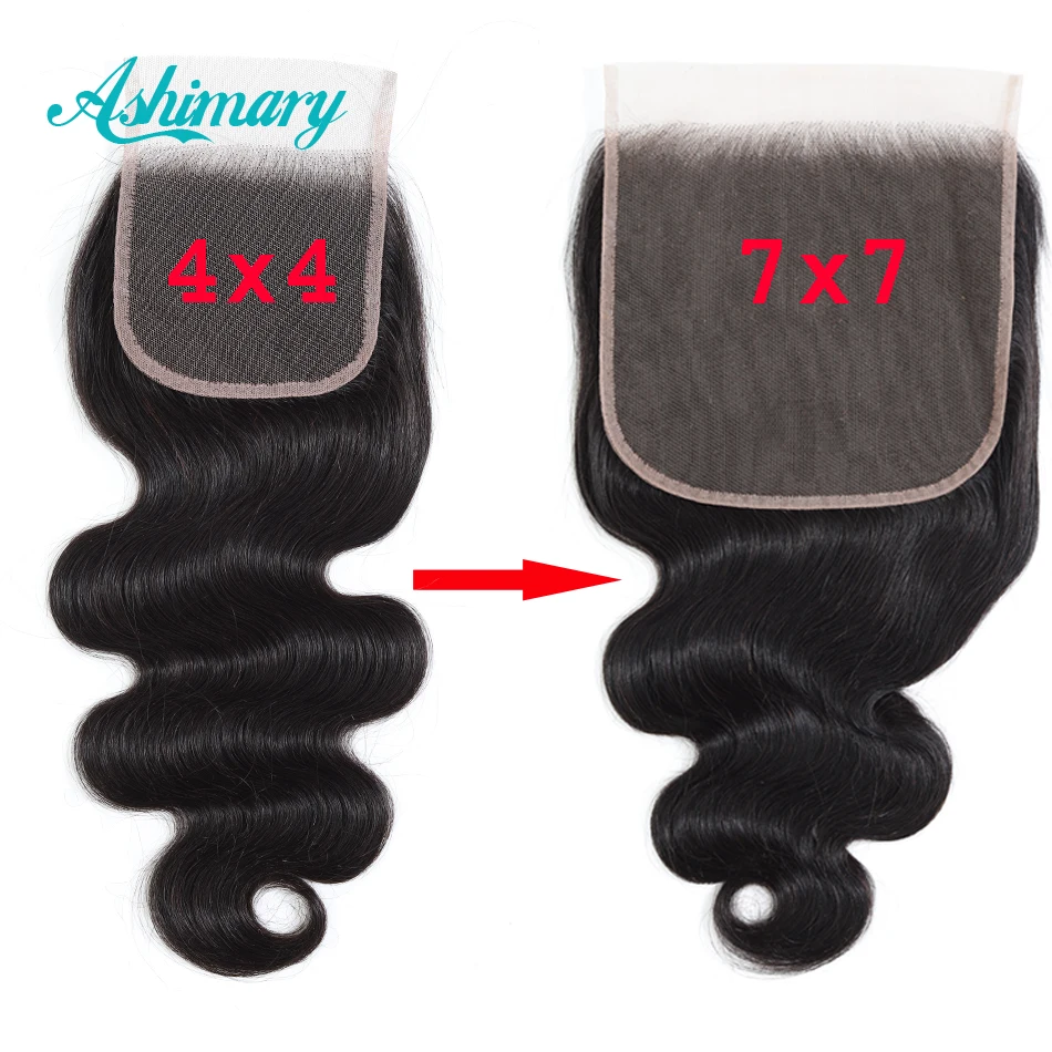 Ashimary бразильские объемные волны 7x7 закрытие шнурка Remy человеческие волосы 8-20