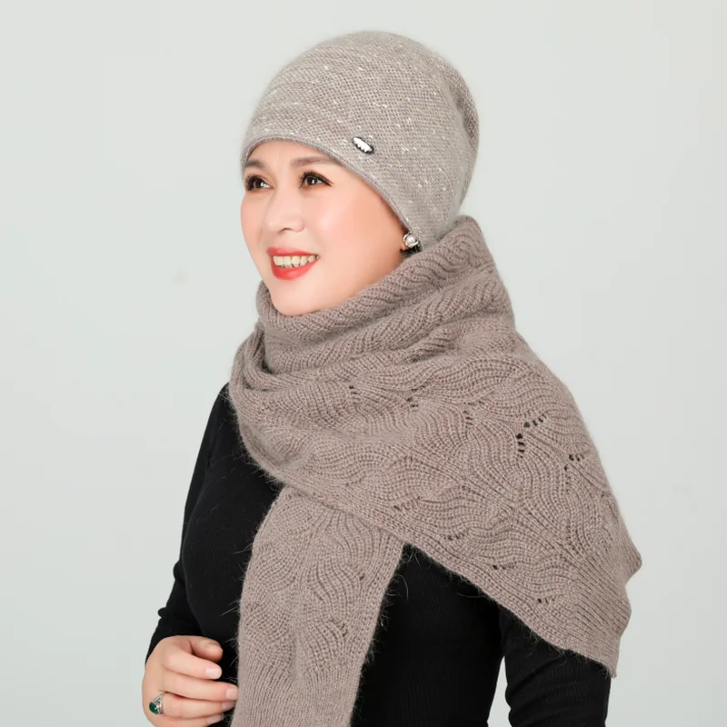 Rabbit Hair Knitted Wool Cap Middle Aged Elderly Warm Plus Velvet Scarf Mothers Birthday Present Elegant Flower Ladies Hat | Аксессуары