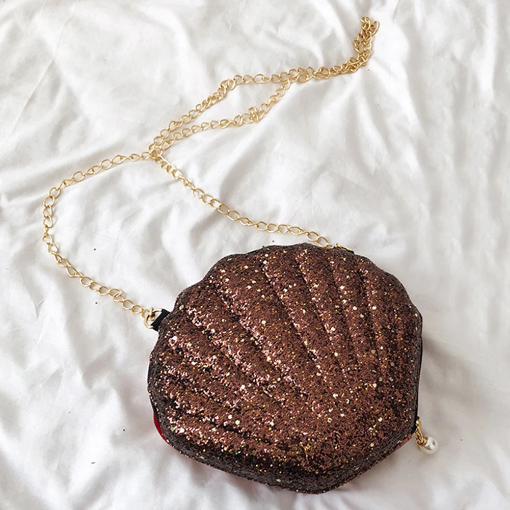 

Women Shopping Cute Crossbody Bag Bling Sequins Metal Chain Messenger Zipper Closure Shoulder Casual Shell Shaped Party Fashion