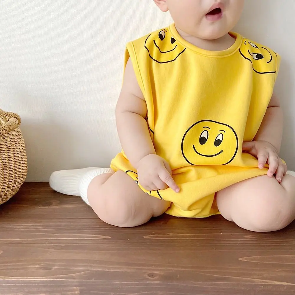 

Newborn Infant Baby Boy Girl Cute Cartoon Smiley Printed Short Sleeve Bodysuit Toddler Soft Thin Bodysuits With Bow Headband