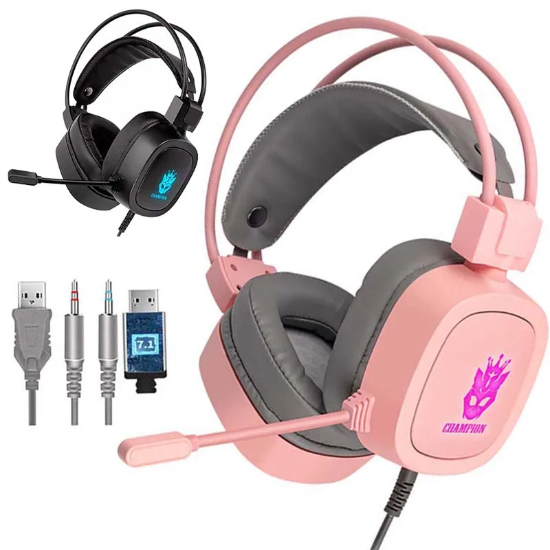 

Gamer Headset Pink Headphones 3.5mm Wired Headsets USB 7.1 Soundtrack Girl Gaming Earphone with Mic Color Light for PC Computer