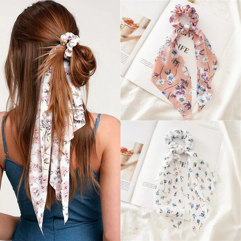 

MueRaa Bohemian Style Fashion Scrunchie Women Ribbon Flower Printted Elastic Hairband Headband Elegant Woman Hair Accessories