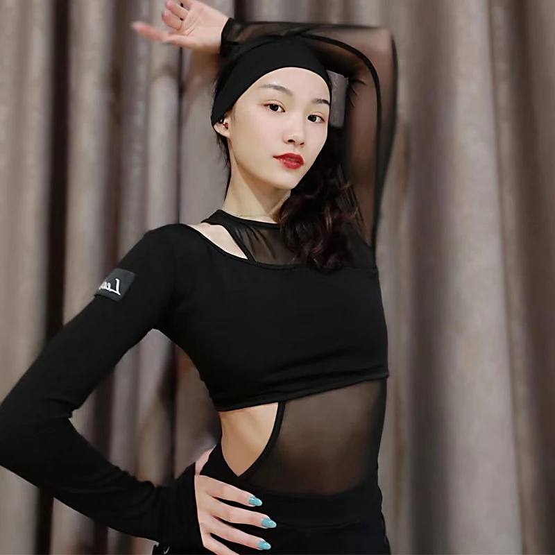 

New Latin Dance Tops For Women Mesh Slanted Shoulders Practice Clothes Sexy One-Piece Top Latin Dande Performance Clothes DN8895