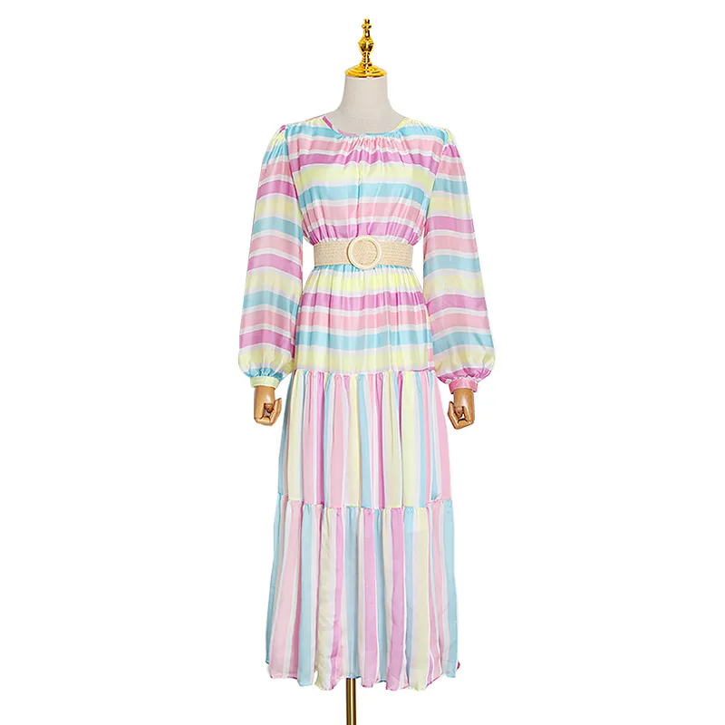 

Tide brand new holiday round neck lantern sleeve rainbow striped long dress