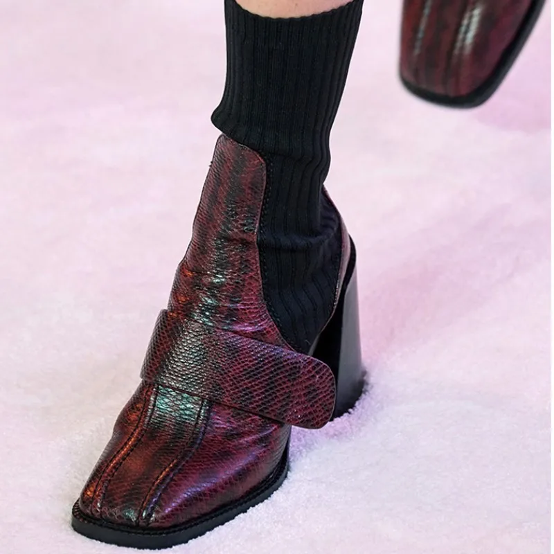 Новинка стильные кожаные носки ботильоны женские вязаные ботинки с квадратным