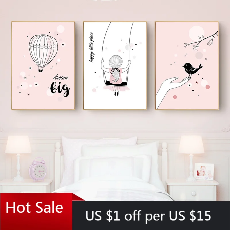 Детские Мультяшные плакаты розовая девушка воздушный шар Картина на холсте для