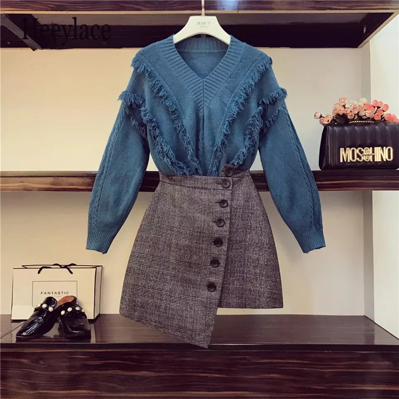 2019 Осень Длинные рукава вязаный пуловер отделанный бахромой свитер и неправильной мини юбка Женский