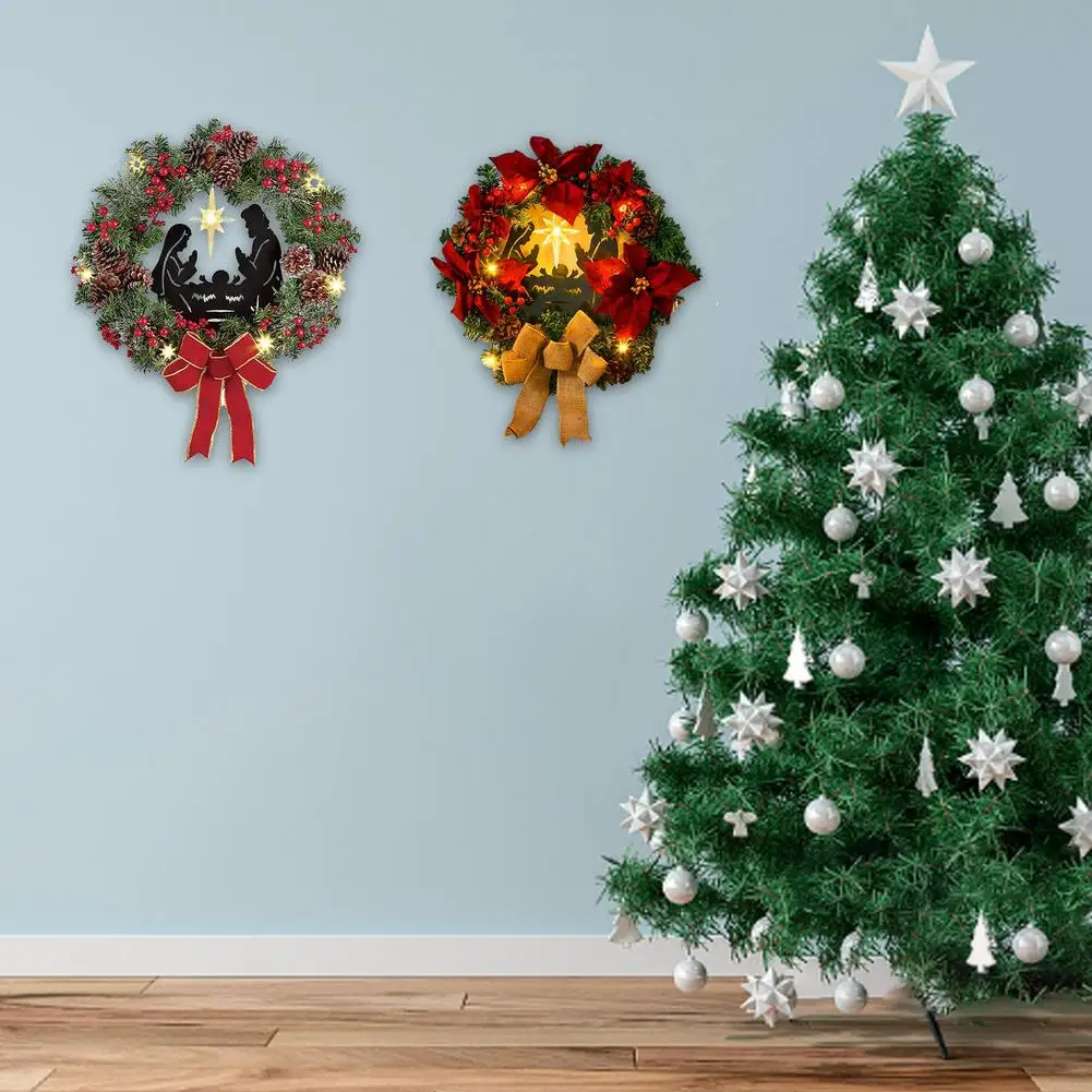

Christmas Gift Baby Jesus Decorated By Pine Branches Red Berries Pine Cones And Red Bows Decorated With Garland Green Red