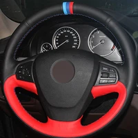 new pattern diy hand stitched black red genuine leather car steering wheel cover for bmw x3 2014 x5