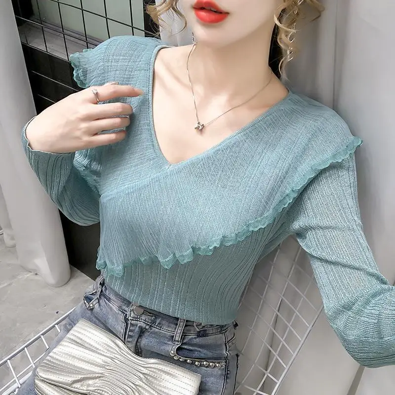 

Women Pullovers Sweater 2021 Autumn Winter V-neck Knitted Sweater Women Tops Long Sleeve Short Slim Sweater Girls Cloths Tops