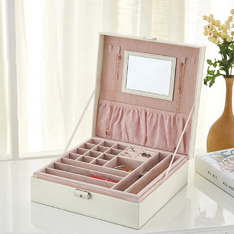 Женский чехол с зеркалом двухслойный органайзер для макияжа витрина из искусственной кожи ожерелья серьги