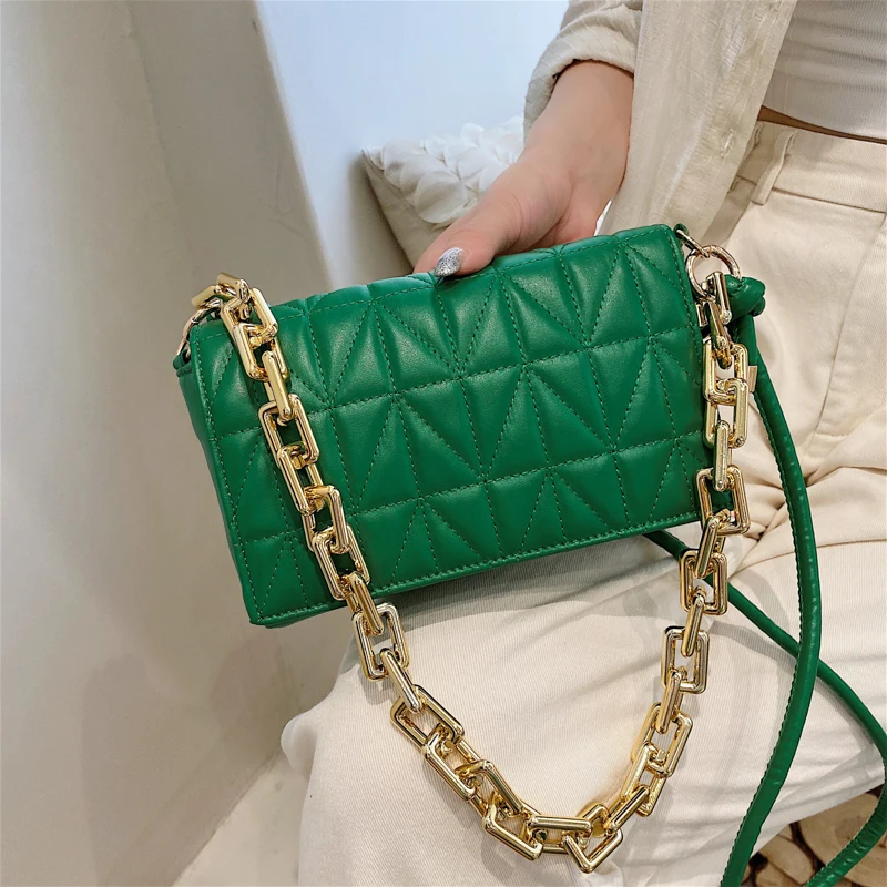 

Thick Chain Shoulder Bag For Women Luxury Brand Green Flap Armpit Small Shoulder Purse Quilted Leather Lady Crossbody Bag