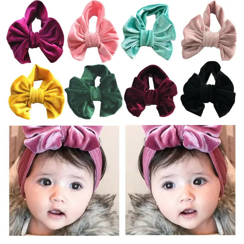 Мягкая Золотая Бархатная повязка на голову с бантом для маленьких девочек