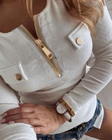 2020 woman knitted tops o neck long sleeve women autumn casual metal pockets white button zipper design long sleeve knitted top