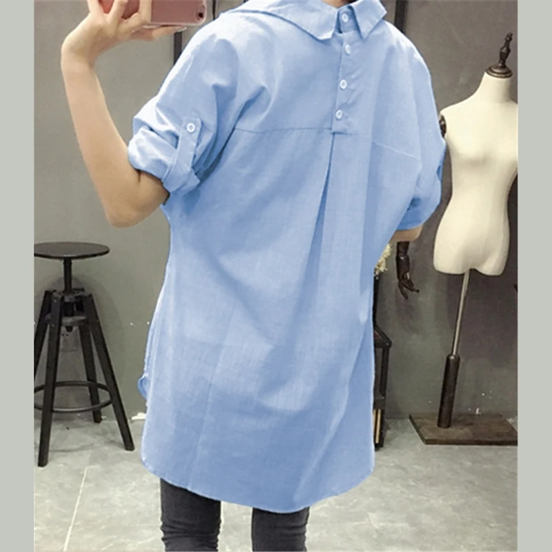 

Women Casual Loose Cotton Linen Blouse Office Lady OL Elegant Long sleeve Shirt Tops Blue XXL