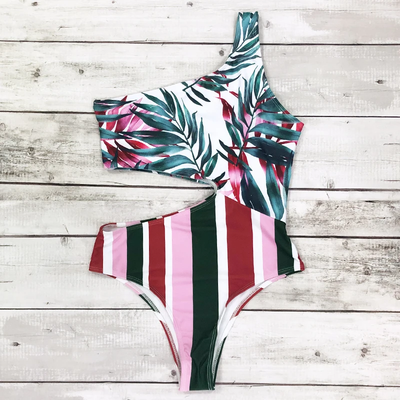 Женский слитный купальник с принтом одним плечом женский в полоску новинка 2019| |