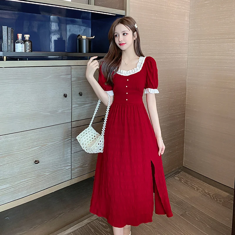 

Красное платье с пышными рукавами, Женская винтажная юбка во французском стиле, одежда для подружек, облегающее элегантное платье