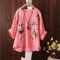 plus size tops summer women blouses short sleeve ladies loose embroidered 100 cotton linen high quality vintage casual