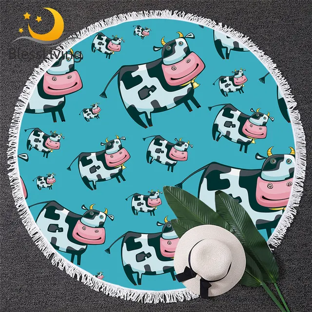 BlessLiving Milk Cow Beach Towel Cartoon Animal Round Bath Towel Watercolor Summer Blanket Pink Blue Beach Mat Cute Home Decor 1