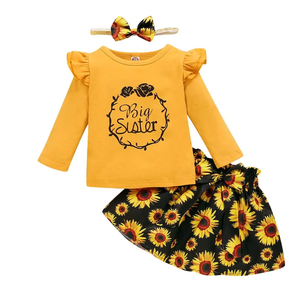 

Toddler Girl Spring Clothes Kids Floral Dress Big Sister Matching Yellow Long Sleeve Shirt Black Sunflower Skirt Baby Girl Sets