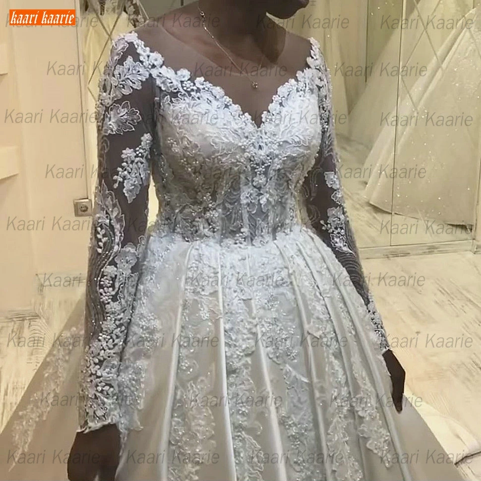 

Luxury Arabic Satin Wedding Gowns O Neck Long Sleeves vestidos de noiva Lace Up 2021 Bride Dresses Court Train vestido casamento
